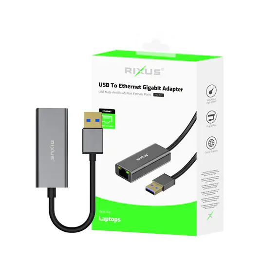 Rixus RXEA02 – Adaptateur réseau USB-A 3.0 vers RJ45 Gigabit Gris