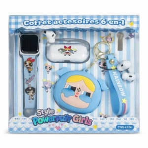 Coffret accessoires bleu style Powerpuff Girls pour AirPods / montre connectée / porte-clés