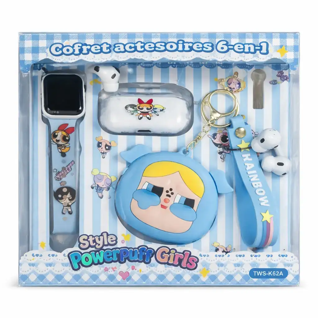 Coffret accessoires bleu style Powerpuff Girls pour AirPods / montre connectée / porte-clés